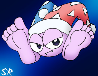 5_toes barefoot big_eyes big_feet blue_background clothing fangs feet fool's_hat foot_fetish foot_focus gradient_background hat headgear headwear humanoid_feet looking_at_viewer male plantigrade purple_body simple_background sitting smile smiling_at_viewer solo teeth toes ryoosakuling kirby_(series) nintendo marx_(kirby) waddling_head 2019 digital_drawing_(artwork) digital_media_(artwork) hi_res