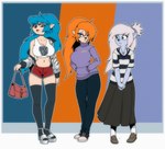 anthro blue_hair breasts cleavage clothed clothing ear_piercing ear_ring female group hair orange_hair piercing ring_piercing standing trio white_hair ricksteubens sega sonic_the_hedgehog_(series) sonic_underground tamers12345's_sonic_underground flora_(sonic_underground) mandy_latour mindy_latour canid canine mammal 2023 absurd_res hi_res