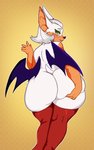 anthro bat big_butt butt female geeflakes green_eyes hi_res holding_butt huge_butt looking_at_viewer looking_back mammal rouge_the_bat sega simple_background solo sonic_the_hedgehog_(series) standing tagme thick_thighs white_body wide_hips yellow_background