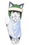 anthro armor beverage biped headgear helmet holding_object male simple_background solo standing towel wet white_background unknown_artist .hack cyberconnect2 hermit_(.hack) domestic_cat felid feline felis mammal