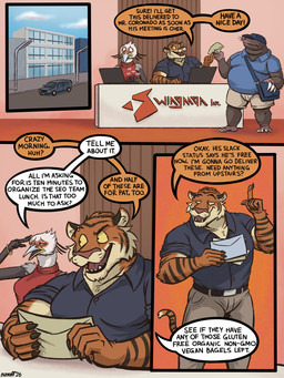 anthro bag bangle barbell_piercing barefoot biped building car claws clothed clothed_anthro clothed_female clothed_male clothing computer delivery_(commerce) delivery_employee dialogue duo electronics eyebrow_piercing facial_piercing feathers feet female fully_clothed fully_clothed_anthro fully_clothed_female fully_clothed_male fur group hand_on_head jewelry letter looking_at_another male orange_body orange_fur overweight overweight_anthro overweight_male piercing postal_carrier postal_delivery satchel secretary sitting smile speech_bubble standing striped_body striped_fur stripes tail text toe_claws trio vehicle white_body white_feathers yellow_eyes nanoff aisha_(nanoff) miles_(nanoff) accipitriform avian bird eulipotyphlan felid mammal mole_(animal) pantherine secretary_bird tiger 2026 3:4 comic english_text hi_res multiple_scenes