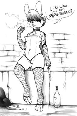 anthro areola barefoot biped bottle breasts brick_wall cigarette clothed clothing collar condom container crop_top dialogue ear_piercing eyeshadow feet female fishnet_clothing fishnet_legwear jewelry legwear lipstick long_ears makeup nipples outside partially_clothed piercing prostitution sexual_barrier_device shirt smoking solo speech_bubble standing tattoo text thong topwear underwear wall_(structure) replica_(artist) lagomorph leporid mammal rabbit absurd_res digital_media_(artwork) english_text hi_res monochrome