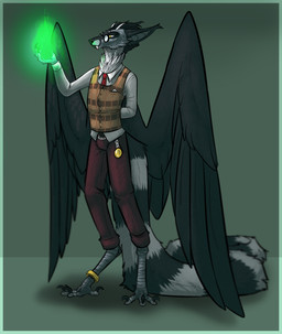 anthro avian_feet black_body black_feathers black_fur black_nose black_wings border bottomwear clothed clothing elemental_manipulation eyewear fangs feathered_wings feathers fire fire_manipulation fur glasses glistening glistening_eyes green_background horn male markings mouth_closed neck_tuft necktie pants red_bottomwear red_clothing red_necktie red_pants round_glasses short_horn simple_background small_horn solo standing striped_body striped_fur striped_markings striped_tail stripes tail tail_markings teeth topwear tuft unsigned white_body white_clothing white_fur white_topwear wings yellow_eyes kardinaluz klerin(species) species_request full-length_portrait hi_res portrait