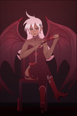 bat_wings belt boots chair clothed clothing collar colored_nails dark_body dark_liptick dark_skin fangs female fishnet_clothing fishnet_topwear footwear furniture garter_belt garter_straps gun hair handgun high_heeled_boots high_heels holding_gun holding_object holding_ranged_weapon holding_weapon humanoid_pointy_ears legwear lingerie looking_at_viewer membrane_(anatomy) membranous_wings nails piercing pink_hair pointy_ears ranged_weapon shoes simple_background sitting smile solo spandex spiked_collar spikes teeth thick_thighs thigh_highs tight_clothing topwear weapon wings naitokitsune crin_acistini humanoid mammal vampire 2:3 absurd_res digital_media_(artwork) hi_res