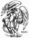 anthro beak dipstick_tail female markings pose solo staff tail tail_markings wings amara_telgemeier mythology avian canid canine fox gryphon hybrid mammal mythological_avian mythological_creature 1998 monochrome pinup traditional_media_(artwork)