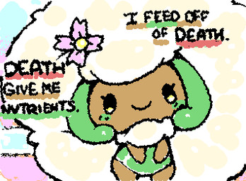 2_horns ambiguous_gender ambiguous_humanoid beady_eyes biped black_eyes black_text blush brown_body closed_smile dialogue eyelashes featureless_hands flower front_view green_blush horn looking_at_viewer mane mouth_closed noseless not_furry pink_flower plant pseudo_hair simple_eyes smile solo squigglevision standing text white_mane ligma_(artist) nintendo pokemon generation_5_pokemon humanoid pokemon_(species) whimsicott 2025 animated digital_media_(artwork) english_text flat_colors handwritten_text low_res wigglypaint_(artwork)