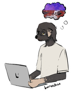 anthro black_hair black_nose clothing computer container dark_body dark_fur electronics eyewear fur glasses hair laptop looking_away male markings milk_container multicolored_body neutral_expression shirt simple_background sitting solo spilled_milk spots spotted_body t-shirt tan_paws thought_bubble topwear wearing_glasses white_background white_clothing white_shirt white_topwear yellow_eyes borealhao lamapola chaz_(lamapola) canid canine mammal hi_res photography_(artwork)