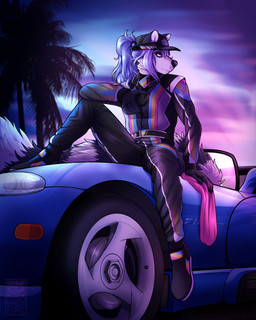 anthro black_body black_clothing black_ears black_fur black_nose black_shirt black_topwear bottomwear car cheek_tuft claws clothed clothed_male clothing electronics facial_tuft fingerless_gloves footwear fully_clothed fully_clothed_male fur furgonomics gloves hair handwear hat headgear headlight headwear holding_object holding_phone inner_ear_fluff jacket lgbt_pride long_hair looking_aside male male_anthro markings neck_tuft night palm_tree pansexual_pride_colors pants phone plant pride_color_clothing pride_colors purple_eyes purple_hair racing_suit ring_(marking) ringed_tail shirt shoes sitting_on_car solo striped_markings striped_tail stripes tail tail_markings text tied_hair topwear towel tree tuft vehicle whisker_spots white_body white_fur white_inner_ear_fluff hackfurs dodge_viper mammal procyonid raccoon 2023 artist_name hi_res signature nonbinary_(lore)