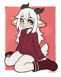 2_horns anthro blush blush_lines clothed clothing ear_piercing eyebrows eyelashes female fishnet_clothing fishnet_legwear footwear front_view hair hoodie horizontal_pupils horn legwear long_hair piercing pupils red_clothing red_hoodie red_topwear sitting slim slim_anthro slim_female smile solo tail topwear white_hair yellow_eyes zoom_layer jayrnski gwen_(cat_citrus) bovid caprine goat mammal 2025 hi_res