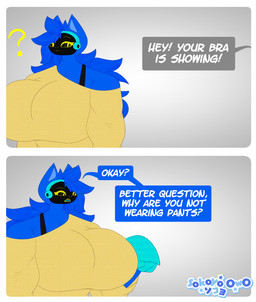 4_fingers anthro big_breasts blue_body blue_fur blue_hair bra bra_strap breasts claws clothed clothing cybernetics female fingers fur gesture hair hand_gesture machine pointing pointing_down protogen_visor simple_background solo speech_bubble text topwear underwear yellow_eyes sokoyo_owo bra_strap_showing_(meme) starry_(sokoyo_owo) canid canine cyborg mammal protogen comic english_text hi_res meme