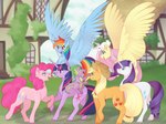 blonde_hair blue_body blue_eyes building clothing cowboy_hat cutie_mark feathered_wings feathers female feral green_eyes group hair hat headgear headwear hooves horn house male multicolored_hair multicolored_tail open_mouth orange_body pink_body pink_eyes pink_hair pink_tail ponyville purple_body purple_eyes purple_hair purple_tail rainbow_hair rainbow_tail sharp_teeth tail teeth white_body wings yellow_body yellow_tail cerulean-crow friendship_is_magic hasbro my_little_pony mythology angel_(mlp) applejack_(mlp) fluttershy_(mlp) mane_six_(mlp) pinkie_pie_(mlp) rainbow_dash_(mlp) rarity_(mlp) spike_(mlp) twilight_sparkle_(mlp) dragon earth_pony equid equine horse lagomorph leporid mammal mythological_creature mythological_equine mythological_scalie pegasus pony rabbit scalie unicorn 2022 4:3 digital_media_(artwork) hi_res