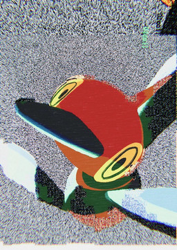 abstract_background ambiguous_gender beak big_eyes glitch horn looking_at_viewer red_body solo static_background tail yellow_eyes geta_(artist) nintendo pokemon digital_creature generation_4_pokemon glitch_creature pokemon_(species) porygon-z 2024 film_grain