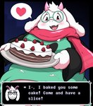 anthro belly big_belly blush cake dessert dialogue eyewear food glasses heart_symbol kemono male open_mouth overweight overweight_male scarf solo text kusosensei deltarune undertale_(series) ralsei bovid caprine goat mammal 2025 english_text hi_res