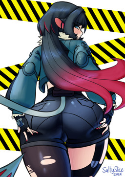 animal_ears animal_tail big_butt black_bottomwear black_clothing black_gloves black_hair black_handwear black_shorts blue_eyes blush bottomwear butt clothed clothing colored_nails eyelashes female fingerless_gloves gloves grey_clothing grey_topwear hair handwear long_hair looking_at_viewer looking_back looking_back_at_viewer multicolored_hair nails rear_view red_hair red_nails shorts smile solo tan_body tan_skin thick_thighs topwear two_tone_hair wide_hips saltyslice mihoyo zenless_zone_zero jane_doe_(zenless_zone_zero) animal_humanoid humanoid mammal mammal_humanoid murid murid_humanoid murine murine_humanoid rat_humanoid rodent rodent_humanoid thiren absurd_res hi_res