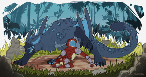 anthro anthro_on_feral anthro_penetrated ass_up belly belly_inflation bestiality big_penis bodily_fluids butt cum cum_inflation cum_inside duo ejaculation eyes_closed feral feral_on_top feral_penetrating feral_penetrating_anthro forest_background from_behind_position genital_fluids genitals inflation jack-o'_pose larger_feral larger_male leaking_cum looking_pleasured male male/male male_anthro male_feral male_on_anthro male_on_feral mounting penetration penile_spines penis pose presenting presenting_hindquarters sex size_difference smaller_anthro smaller_male sound_effects text tongue tongue_out dangodragon capcom monster_hunter mythology angel_(velvetvlade) tukk_ordo dragon felid flying_wyvern mammal mythological_creature mythological_scalie nargacuga pantherine prehistoric_species saber-toothed_tiger scalie snow_leopard absurd_res hi_res