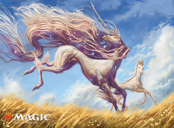 ambiguous_gender cloud duo feral grass hooves horn long_horn looking_up mane outside plant running sparkles white_body josiahcameron hasbro magic:_the_gathering mythology wizards_of_the_coast equid equine mammal mythological_creature mythological_equine unicorn hi_res official_art