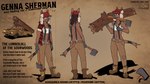 abs anthro axe brown_body brown_fur clothing crop_top female fur hat headgear headwear lumberjack shirt solo suspenders text topwear truck vehicle weapon posspowered genna_sherman_(posspowered) axehandle_hound fearsome_critter english_text hi_res model_sheet