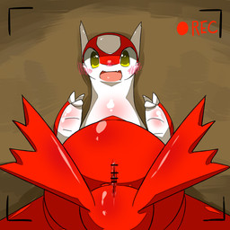 blush camera_view female feral genitals looking_at_viewer open_mouth recording solo vulva yellow_eyes ravinosuke1 nintendo pokemon generation_3_pokemon latias legendary_pokemon pokemon_(species) 1:1 censored hi_res
