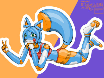 4_toes anthro bangs bikini blue_body blue_hair bra breasts clothing dart dipstick_tail feet female glistening glistening_body green_eyes hair looking_at_viewer machine markings nerf nerf_dart orange_body pawpads paws pose robot_joints small_breasts smile smiling_at_viewer solo sports_bikini sports_bra swimwear tail tail_markings toes two-piece_swimsuit underwear rojblue hasbro nerf_(toy) foxshot_(rojblue) animatronic canid canine fox mammal robot robot_anthro 4:3 absurd_res hi_res