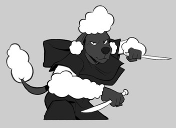 action_pose anthro big_nose bottomwear clothed clothing dagger fluffy fur grey_background holding_melee_weapon holding_object holding_weapon hood knife male melee_weapon miami_clip pants pose shirt simple_background solo topwear weapon thewilldpink canid canine canis domestic_dog mammal poodle greyscale monochrome