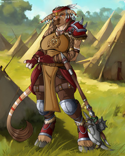 2_horns 3_fingers accessory anthro armor axe battle_axe big_breasts bodypaint braided_hair braided_ponytail breasts brown_body brown_fur brown_hair clothed clothing female fingerless_gloves fingers fur furgonomics gloves grass hair handwear hooves horn horn_accessory jewelry knee_pads necklace outside plant ponytail red_clothing red_eyes red_gloves red_handwear solo standing tent planktonheretic blizzard_entertainment warcraft kaylan_ragehorn bovid bovine mammal tauren 2023 4:5 hi_res