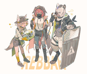 anthro bottomwear clothed clothing collar eyes_closed female fingerless_gloves footwear fur gloves grey_body grey_fur group hair handwear hat headgear headwear holding_object jacket male one_eye_closed open_mouth pants riot_shield shoes shorts simple_background socks topwear trio white_background yawn doppel367 arknights hypergryph studio_montagne beanstalk_(arknights) crownslayer_(arknights) spot_(arknights) animal_humanoid humanoid hyena hyena_humanoid mammal mammal_humanoid spotted_hyena 2025 absurd_res hi_res