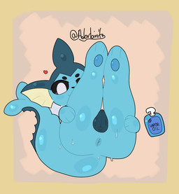amogus animal_genitalia animal_vulva anus big_butt big_ears blue_body blue_eyes blue_fur blush butt canine_genitalia canine_vulva eyebrows female feral fin fur genitals imminent_sex lying multicolored_body oil oiled_body oiled_butt oiled_scales oiled_up on_back paws paws_on_ass simple_background solo text two_tone_body vulva adorbinite nintendo pokemon twitter eeveelution generation_1_pokemon pokemon_(species) vaporeon artist_name digital_media_(artwork) hi_res procreate_(artwork) signature