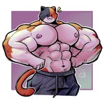 abs anthro areola barazoku biceps big_muscles big_pecs border bottomwear clothed clothing deltoids dot_eyes emanata flexing fur huge_muscles huge_pecs male manly muscular muscular_anthro muscular_male navel nipples pants pecs purple_background serratus simple_background simple_eyes smile solo standing sweatpants thick_arms topless topless_anthro topless_male tuft white_border its_coldpizza epic_games fortnite meowscles domestic_cat felid feline felis mammal 2024 hi_res signature