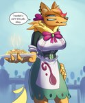 anthro apron bow_tie breasts clothing dialogue ear_piercing ear_ring fangs female food fur looking_at_viewer multi_eye piercing ring_(jewelry) ring_piercing solo tail teeth waiter yellow_body yellow_fur cro-iba belen_(cro-iba) canid canine canis canonine mammal wolf