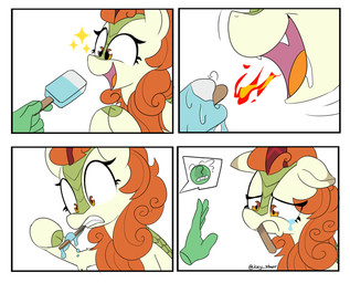 bodily_fluids breath_powers brown_mane cloven_hooves cute_fangs dipstick_ears disembodied_hand duo ear_markings ears_down elemental_manipulation excited eyelashes fangs female female_focus feral fire fire_breathing fire_manipulation food fur green_body green_scales hooves horn mane melting mouth_hold multicolored_ears open_mouth open_smile pivoted_ears popsicle sad saliva scales smile tan_body tan_fur tears teeth yellow_eyes icey_(artist) asian_mythology chinese_mythology east_asian_mythology friendship_is_magic hasbro my_little_pony mythology anon autumn_blaze_(mlp) dragon human kirin mammal mythological_creature mythological_scalie scalie 2021 absurd_res hi_res