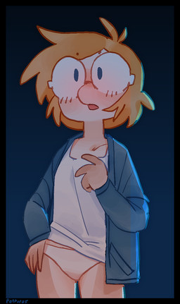 anthro black_border blue_eyes blush border clothed clothing eyewear female glasses hair hand_on_hip jacket orange_hair panties pantsless rim_light shirt solo topwear underwear white_clothing white_shirt white_topwear penturice alice_(penturice) avian bird absurd_res hi_res