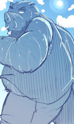 anthro belly bodily_fluids bottomwear clothing cloud kemono male outside overweight overweight_male shirt shorts solo sun sweat topwear tusks dain_4201 mammal suid suine sus_(pig) wild_boar 2025 3:5 hi_res