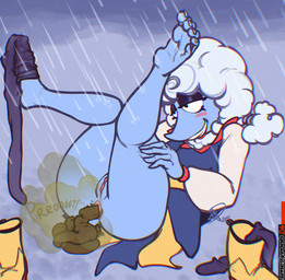 anus bedroom_eyes blush butt butt_focus butt_grab clothed clothing dress fart fart_cloud feces feces_pile feet female genitals hand_on_butt legs_up legwear narrowed_eyes onomatopoeia pantyhose partially_clothed seductive solo sound_effects text undressing vulva smellyroob deltarune undertale_(series) elnina_(deltarune) bovid caprine darkner humanoid mammal sheep hi_res
