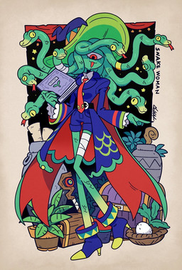 1_eye accessory bandage bandaged_leg clothed clothing female hat headgear headwear living_hair necktie pseudo_hair snake_hair solo witch_hat nelnal european_mythology greek_mythology mythology gorgon humanoid reptile scalie snake hi_res