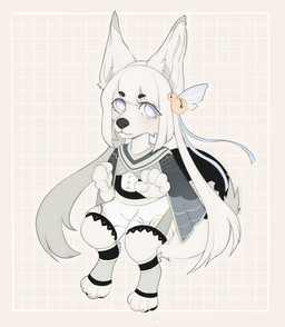 anthro barefoot biped blue_eyes chibi clothed clothing eyebrows eyelashes feet female fully_clothed fur hair hindpaw long_hair looking_at_viewer pattern_background paws simple_background solo white_body white_fur white_hair bulochka yoon-a_(bulochka) canid canine fox mammal 2022 digital_media_(artwork) hi_res