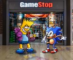 absurd_res anthro bart_simpson black_body black_skin blue_body blue_fur classic_sonic classic_sonic_(universe) clothing english_text ess_n_stuffs eulipotyphlan fur gamestop gesture god_of_war hand_gesture hedgehog hi_res human jacket male mammal meme nintendo_labo one_eye_closed photo_background photography_(artwork) sega smile sonic_characters_walking_into_stores sonic_the_hedgehog sonic_the_hedgehog_(series) sony_corporation sony_interactive_entertainment stealing text the_simpsons thumbs_up topwear wink yellow_body yellow_skin