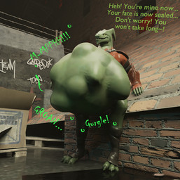 anthro belly big_belly bodily_fluids dialogue digestion duo green_body hair male male/male muscular muscular_male oral_vore organs scales size_difference stomach stomach_acid tail teeth text vore malunisisos epic_games fortnite mythology hybrid_(fortnite) invader_(invaderthegator) alligator alligatorid crocodile crocodilian dragon lizard mythological_creature mythological_scalie reptile scalie 3d_(artwork) digital_media_(artwork) english_text