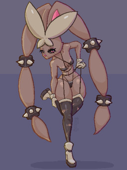 anthro boots bracelet breasts cleavage clothed clothing collarbone eyeshadow female footwear glistening glistening_body gloves handwear high_heels jewelry leaning leaning_forward leather leather_clothing legwear lingerie long_ears makeup navel on_one_leg rim_lighting shoes simple_background small_breasts solo spiked_bracelet spikes standing straps thick_thighs tights torn_clothing white_clothing white_gloves white_handwear selfdestructking nintendo pokemon generation_4_pokemon generation_6_pokemon lopunny mega_evolution mega_lopunny pokemon_(species) 3:4 absurd_res colored colored_line_art digital_media_(artwork) full-length_portrait hi_res line_art pixel_(artwork) portrait shaded