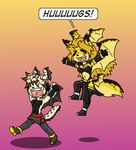 abel_(dmfa) anthro bat_wings bottomwear canid canine canis chasing chibi clothed clothing cubi_(race) dan_and_mab's_furry_adventures demon duo fangs felid female fennec_fox fox happy head_wings humor keaton_(sunblink) male male/female mammal membrane_(anatomy) membranous_wings midriff navel pants project_future robe running siegfriednox simple_background tail teeth topless true_fox wings