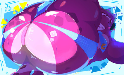 accessory anthro anus big_anus big_butt bulge butt clothing electronics grin headphones huge_butt huge_thighs jockstrap legs_back male necktie purple_body purple_scales scales sharp_teeth smile solo tail teeth thick_thighs underwear fluffos gameoverse glitch_productions gobbles_(gameoverse) dinosaur prehistoric_species reptile scalie hi_res