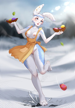 anthro apron barefoot breasts clothing ear_piercing easter_egg egg feet female fur genitals holidays markings outside piercing scale_markings scales shy snow solo white_body white_fur wide_hips billy_bo easter harengon hybrid lagomorph leporid mammal rabbit absurd_res hi_res