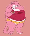 alternate_hairstyle anthro belly big_belly big_breasts blue_eyes breasts clothed clothing eating female food food_on_face fur hair hot_dog long_hair looking_at_viewer obese obese_anthro obese_female overweight overweight_anthro overweight_female panties pink_body pink_fur shirt simple_background slob solo stained_clothing tank_top thick_thighs topwear underwear cardlin whiteraff vg_cats aeris_(vg_cats) domestic_cat felid feline felis mammal full-length_portrait portrait