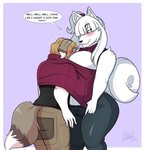 anthro blush breasts cleavage_cutout clothing cutout dialogue female keyhole_turtleneck male solo sweater text topwear turtleneck jwinkz samantha_(jwinkz) canid canine canis domestic_dog mammal nordic_sled_dog samoyed spitz english_text hi_res