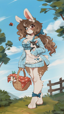 3_toes accessory anthro barefoot basket biped blue_clothing blush breasts brown_body brown_fur brown_hair chest_tuft cleavage clothed clothing container day ear_tuft feet female fence fingers flower flower_in_hair fur grass hair hair_accessory heterochromia holding_animal looking_at_viewer outside plant ponytail shrub sky solo tail toes tree tuft white_body white_fur waspsalad arthropod beetle bovid caprine cucujoid goat insect ladybug lagomorph leporid mammal rabbit 2026 absurd_res digital_drawing_(artwork) digital_media_(artwork) hi_res