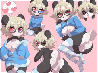 >_< anthro ball balls black_penis blonde_hair blush blush_lines breasts butt chibi clothed clothing eyes_closed footwear genitals gynomorph hair heart_symbol heterochromia hoodie humanoid_genitalia humanoid_penis intersex legwear looking_at_viewer nipples one_eye_closed penis perineum socks solo thigh_highs topwear wink aoizuri olive_hyde bear giant_panda mammal 4:3 hi_res trans_(lore) trans_woman_(lore)