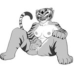 absurd_res anthro bedroom_eyes bodily_fluids breasts dr._pizza_boi dreamworks felid female fur genital_fluids genitals greyscale hi_res kung_fu_panda looking_at_viewer mammal master_tigress monochrome narrowed_eyes nipples nude pantherine presenting presenting_pussy pussy seductive sitting solo striped_body striped_fur stripes tiger vaginal_fluids