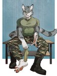 4_toes anthro big_feet black_boots black_clothing black_footwear bodily_fluids boots bottomwear breath bulge camo camo_bottomwear camo_clothing camo_pants camo_print cigarette clothing combat_boots dirty dirty_clothing dirty_socks feet footwear fur green_clothing green_eyes green_footwear green_shirt green_socks green_topwear grey_body grey_fur locker long_tail male markings military_uniform multicolored_body muscular muscular_male one_shoe_on pants pattern_bottomwear pattern_clothing pattern_pants pawpads pink_pawpads scar shirt shoes shoes_removed sitting socks solo spread_legs spreading striped_markings striped_tail stripes sweat sweaty_feet tail tail_markings tight_clothing tight_shirt tight_topwear toes topwear uniform white_body white_fur enmapsycho felid feline mammal hi_res