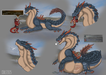abdominal_bulge ambiguous_gender ambiguous_pred anthro anthro_prey barefoot black_horn black_stripes blue_body blue_scales bodily_fluids bottomwear claws clothing digitigrade drooling duo eye_contact eyes_closed feet feral feral_pred fluffy fluffy_tail food fully_inside fur gameplay_mechanics head_first horn in_mouth inside_stomach internal larger_feral larger_pred licking licking_lips licking_own_lips loincloth looking_at_another lying male male_prey neck_bulge offering_food on_front oral_vore partially_inside quadruped raised_head red_body red_claws red_fur red_spikes rumbling_stomach saliva saliva_on_tail saliva_string scales size_difference smaller_anthro soft_vore standing stomach_acid stripes swallowing tail text thick_tail tongue tongue_out vore yellow_eyes rimentus capcom monster_hunter mythology coalt dragon furred_dragon furred_scalie lagiacrus leviathan_(mh) mythological_creature mythological_scalie scalie wingless_dragon 2025 dated digital_media_(artwork) english_text sequence
