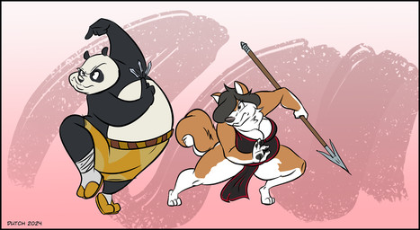 anthro belly black_border border bottomwear breasts cleavage clothed clothing duo female footwear fur hair holding_melee_weapon holding_object holding_polearm holding_spear holding_weapon loincloth male melee_weapon mouth_closed one_leg_up overweight overweight_anthro overweight_female overweight_male paws polearm pose raised_arm raised_leg sandals shoes shorts slightly_chubby slightly_chubby_anthro slightly_chubby_female slightly_chubby_male spear tail topless topless_anthro topless_male training weapon dutch_(artist) dreamworks kung_fu_panda fan_character master_po_ping bear canid canine canis domestic_dog giant_panda mammal 2024 hi_res signature