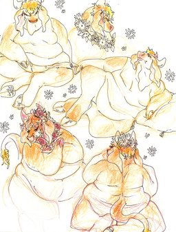 anthro breasts featureless_breasts female flower nude overweight overweight_female plant solo 2n2n bovid bovine cattle mammal 2015 traditional_media_(artwork)